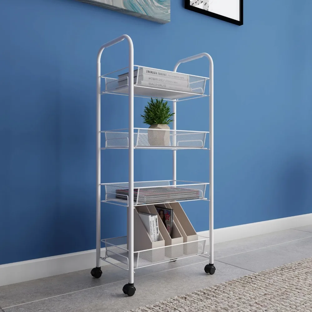 

Narrow 4-Tier Rolling Cart for Home and Office Storage (White)
