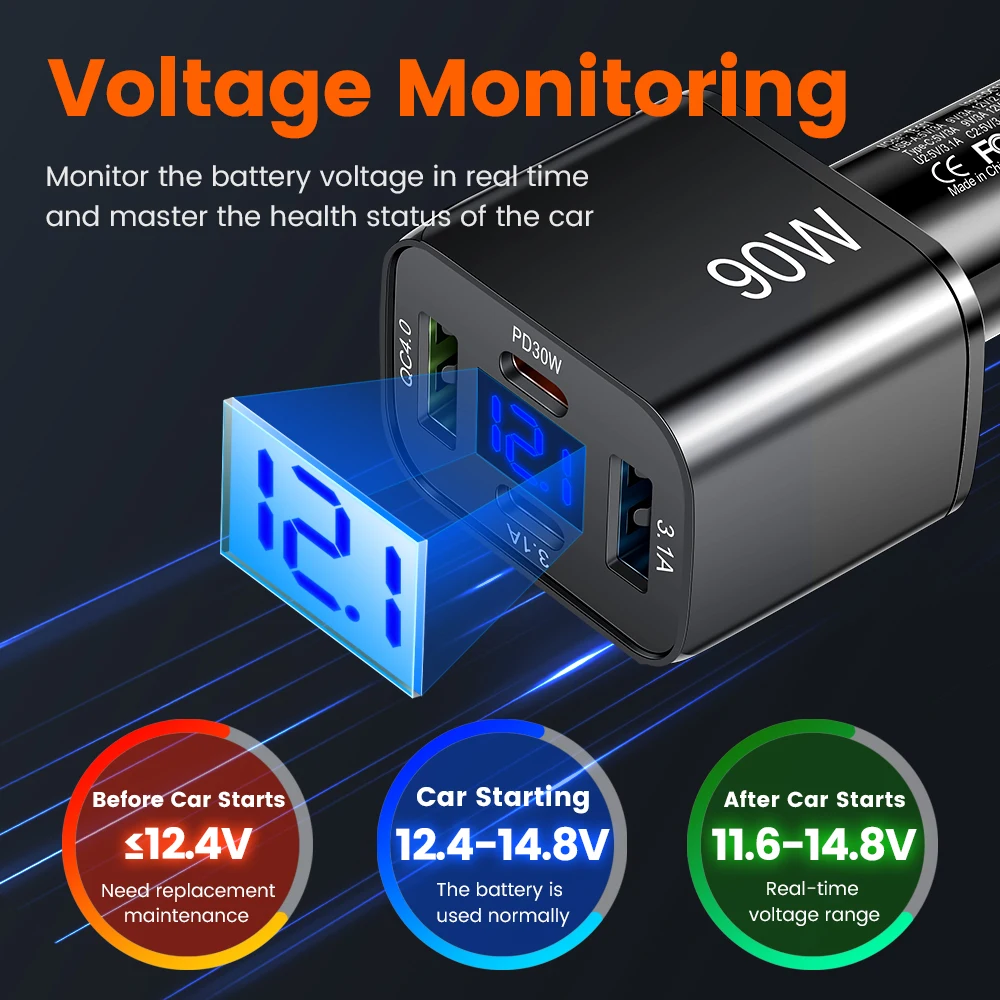 4Ports USB C Car Phone Charger Super Fast Charge in Car with LED Voltage Display for iPhone Samsung Huawei Oneplus Android Phone