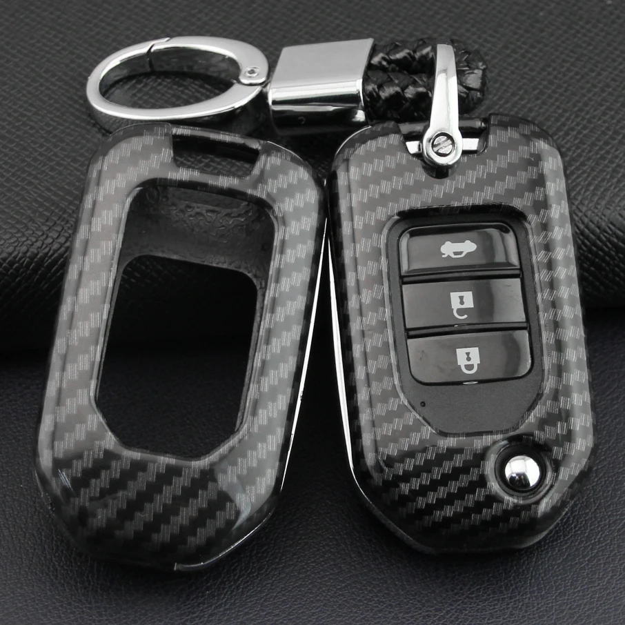 Carbon Fiber Flip Car Key Fob Cover Case Chain Ring Protector For Honda