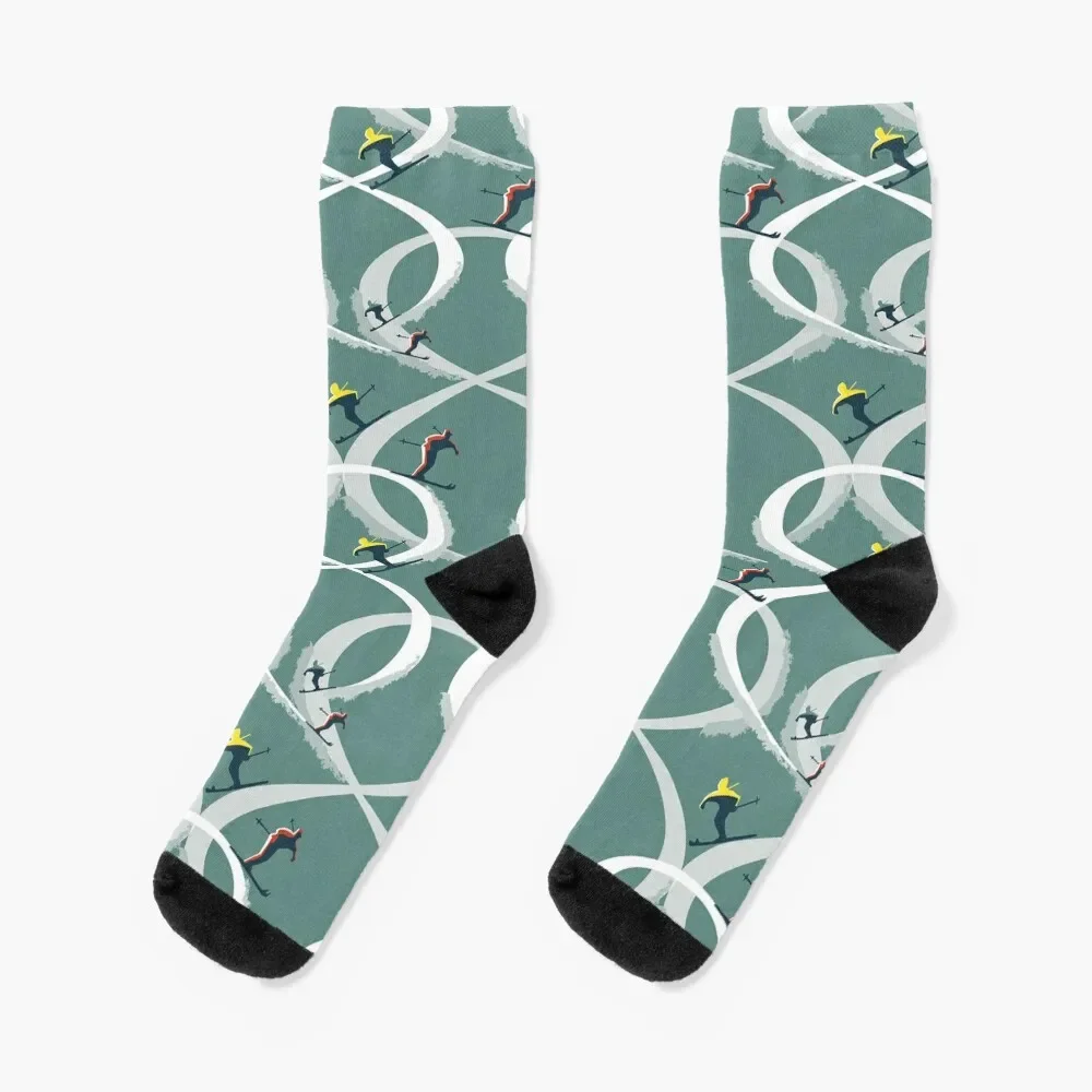 

Mid Century Figure 8 Skiers in Retro Style on Teal Socks gift Lots FASHION colored Socks Ladies Men's