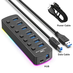 Enhanced RGB USB 3.0 Hub with 7 - Port Data Adapter and Individual Power Controls (7 ports RGB)