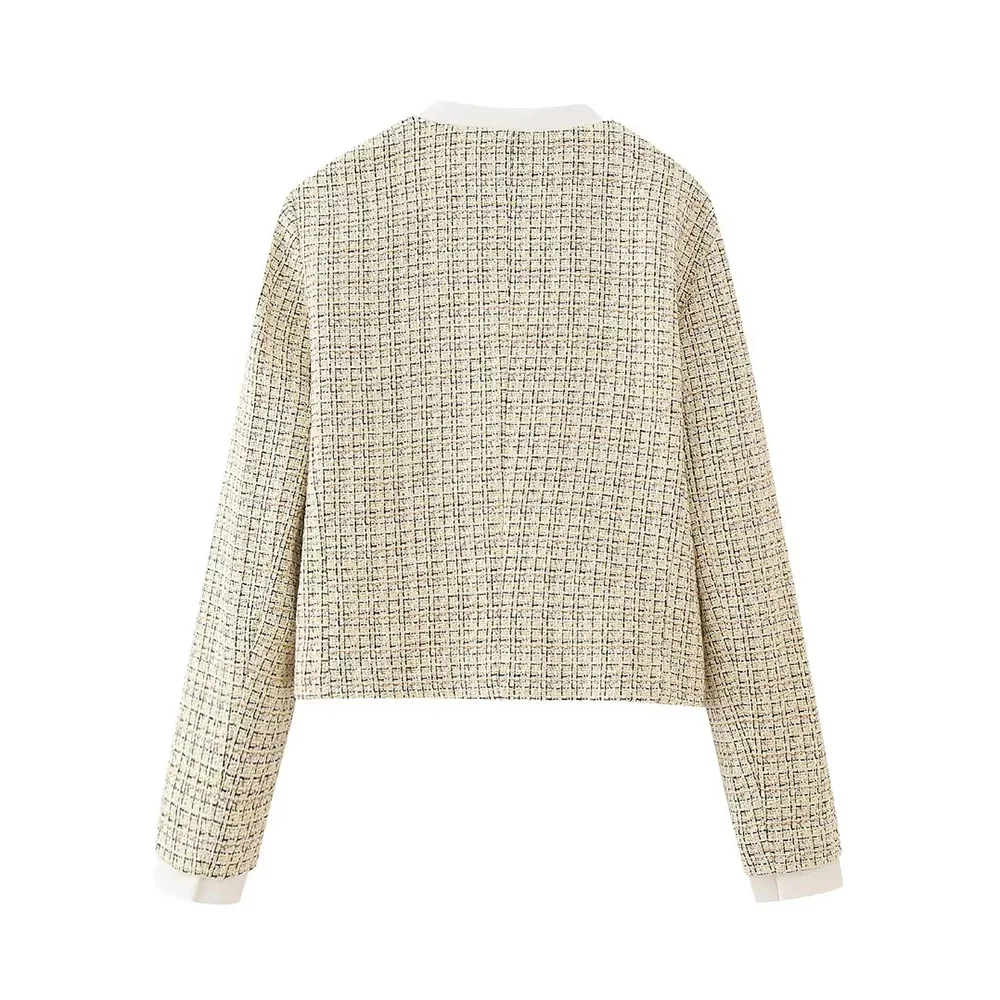 TRAF Women Blazers Fashion with Pockets Tweed Cropped Blazer Coat Vintage Long Sleeve Front Button Female Outerwear Chic Tops
