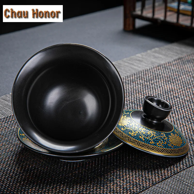 170ml Black Glazed Ceramic Sancai Gaiwan Painted Gold Heap Flower Tea Bowl Kung Fu Tea Set Handmade Tea Brew Tea Cup Accessories