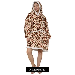 Cozy Sherpa Fleece Oversized Wearable Blanket Hoodie - Warm and Plush Hooded Sweatshirt (X - Leopard)