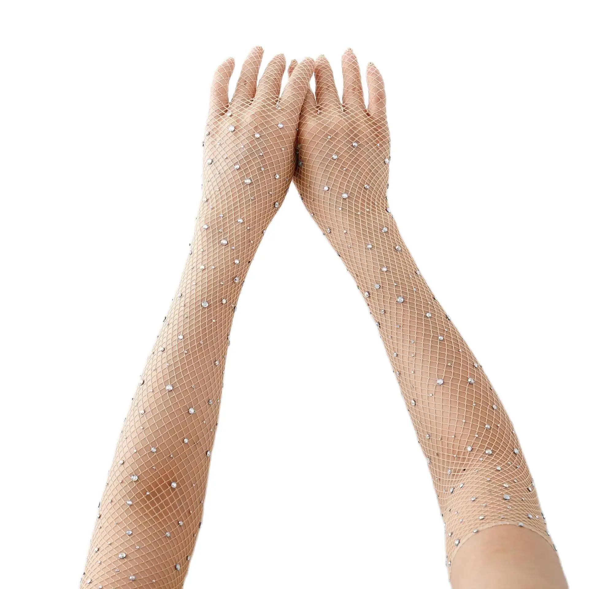 Black White Red Long Mesh Gloves With Rhinestones Hollow Fishing Net Women's Gloves Finger Fancy Cosplay Fishnet,lace gloves