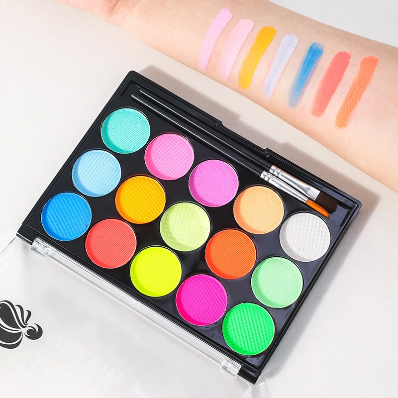 ציור פנים וגוף, 15 צבעים בהירים פלטת ציור גוף נאון פלואורסנטי, אייליינר מופעל במים, איפור מבוסס על מים זוהר בחושך להלווין ניתן לשטוף