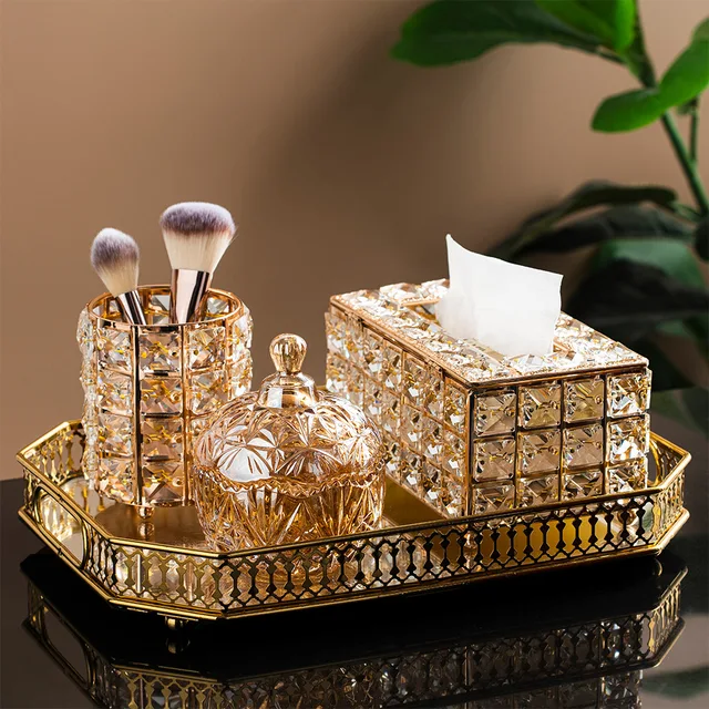 Golden Glass Tissue Box Organizer Set 1