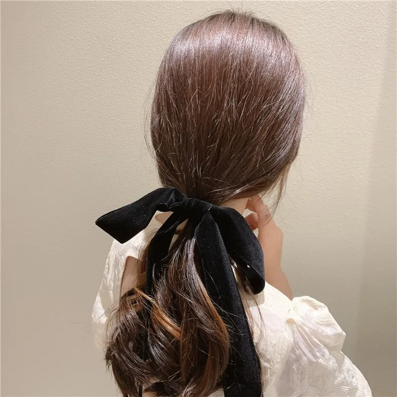 Vintage Black Velvet Bow Hair Ribbon Scrunchie for Women Girls Long Elastic Hair Tie Headwear Female Hair Accessories