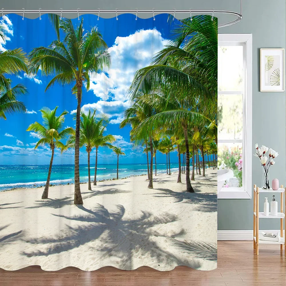 

Тропический океан, искусственный закат, искусственное дерево, гавайский остров, природный пейзаж, домашняя ткань, занавеска для ванной, декор для ванной