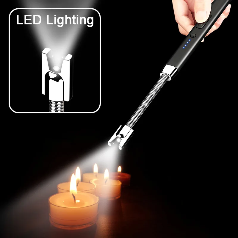 

Hot 360° Hose Windproof Arc Electric Metal Lighter LED Lighting Candle Kitchen with Hook Type-c Rechargeable Lighter Gift