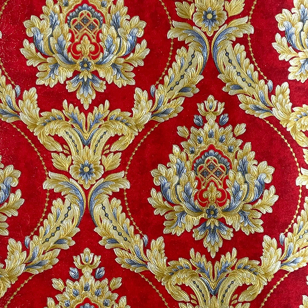 French Red Damask Flocking Embossed Textured Wallpaper Roll For Living