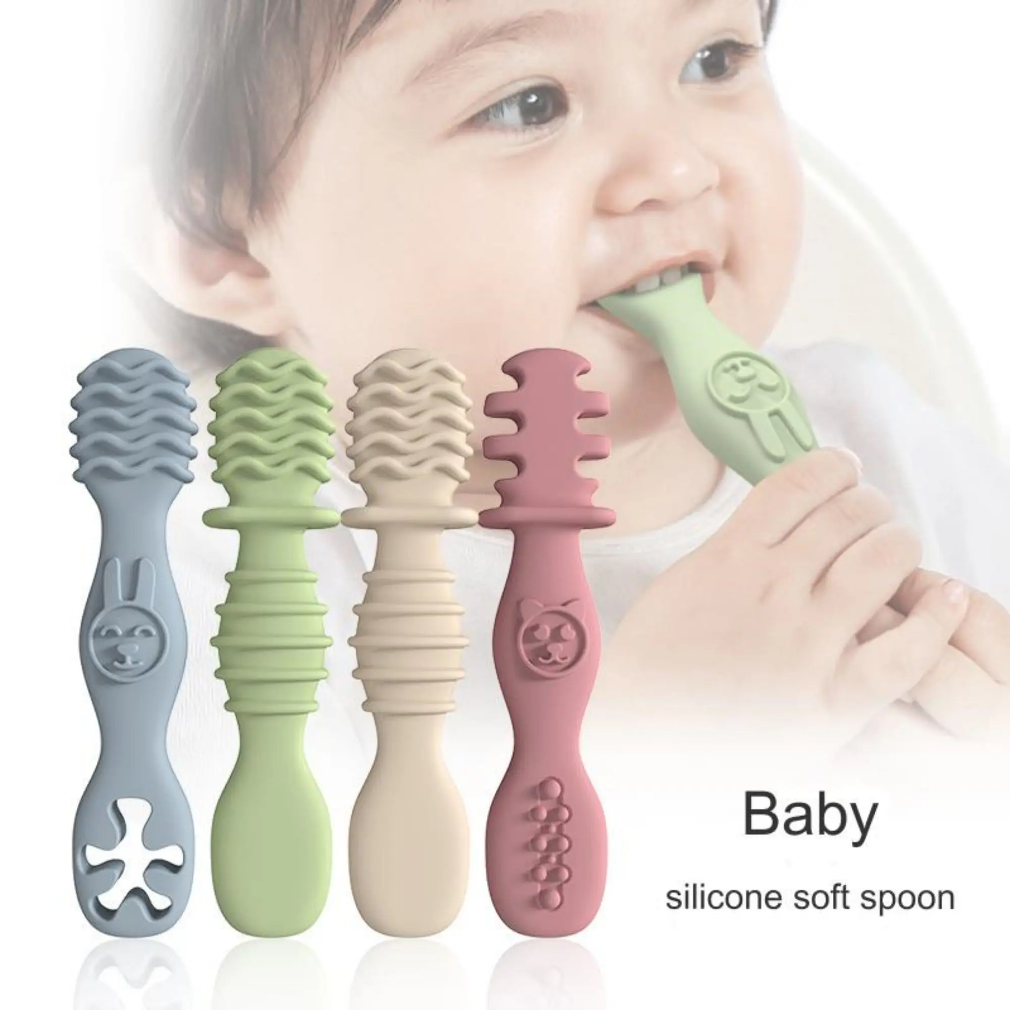 3-Pack Silicone Chewing Spoon Set Easy to Grip for Babies and Toddlers Self-Feeding Utensils for Toddlers 6+ Months Beige silicone feeding spoon silicone cutlery set learning spoons baby cutlery