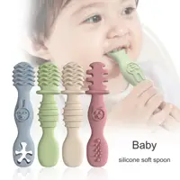 3-Pack Silicone Chewing Spoon Set, Easy to Grip, for Babies and Toddlers, Self-Feeding Utensils for Toddlers 6+ Months, Beige 1