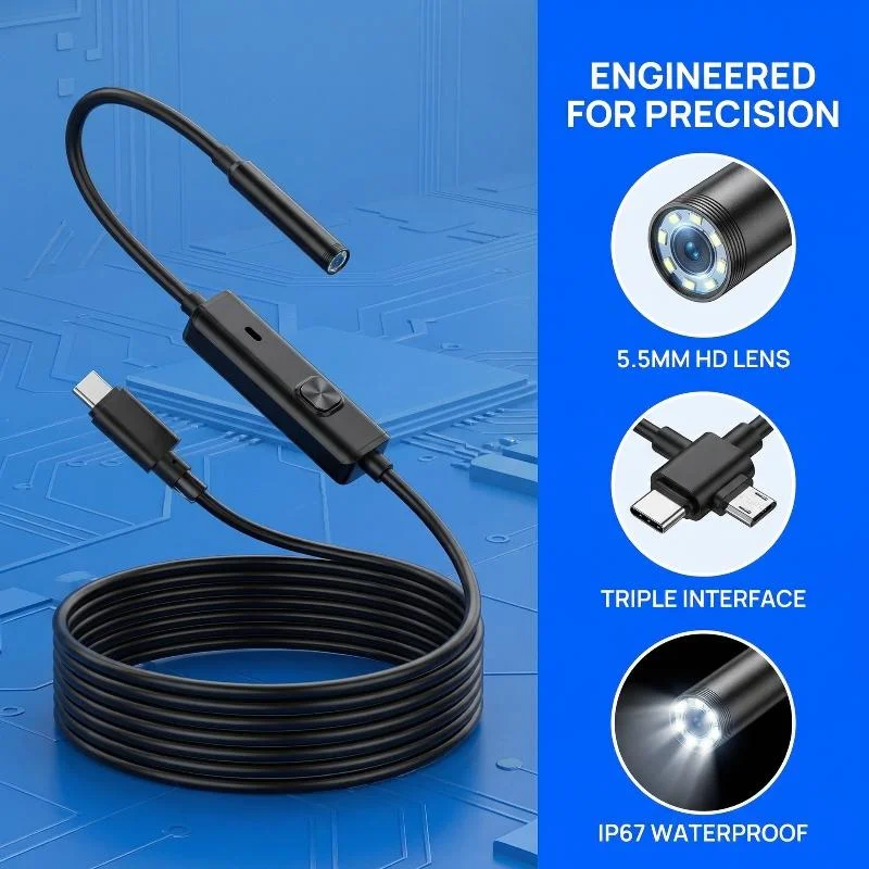 유선 미니 내시경 3 in 1 100w 픽셀 카메라 USB 안드로이드 TypeC 내시경 55mm 8mm 렌즈 배관 검사용