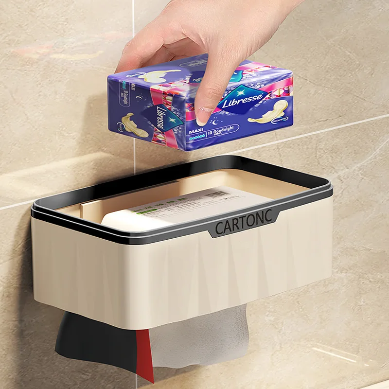 Wall-mounted tissue box, no punching toilet paper supplies, waterproof paper drawer for storage toilet roll holder tissue holder