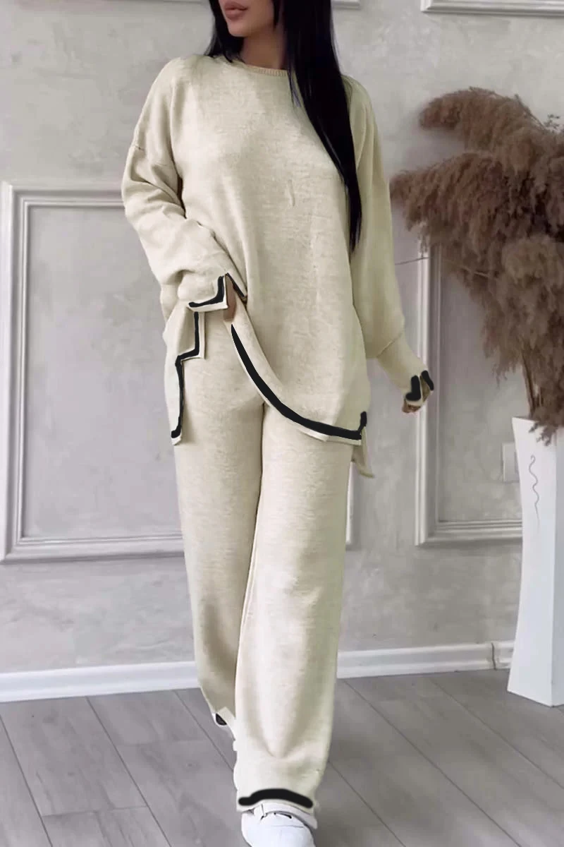 Women's Knitted Set Home Contrast Split Long Sleeve Knit High