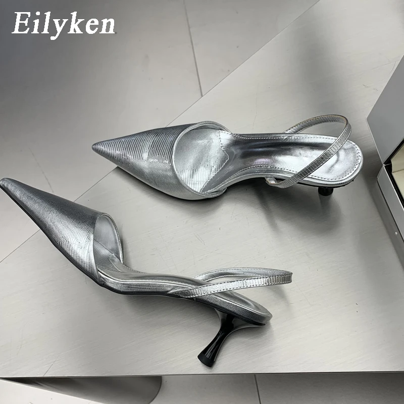 Eilyken Megmunkalás Ezüst- Nők Kiszivattyúz Szandál sexi Csúcsos Fokhagymagerezd slingback esküvői Félfogadás Magas légnyomású levegő heels öszvérek cipők zapatos Delaware mujer