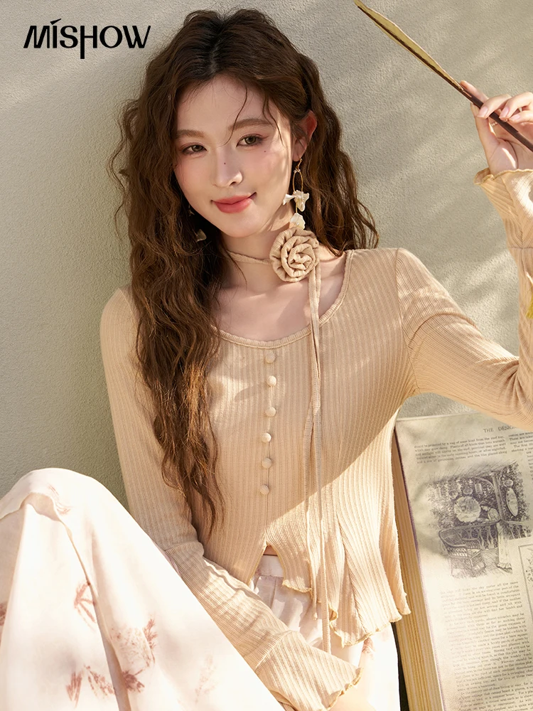 

MISHOW Retro Bell Sleeve Cardigan for Women 2024 Spring New Knitwear Slim Solid Round Neck Knitted Gentle Lady Tops MXD11X1341