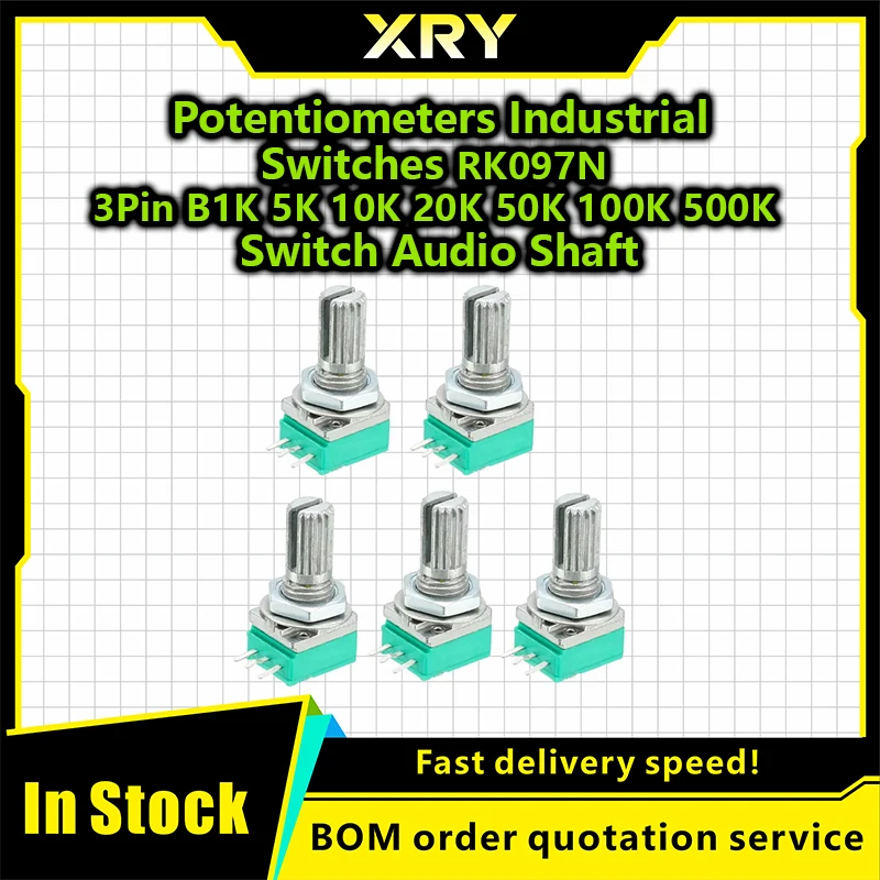 XRY Potentiometers Industrial Switches RK097N 3Pin B1K 5K 10K 20K 50K 100K 500K Switch Audio Shaft 15mm Amplifier Sealing 5Pcs