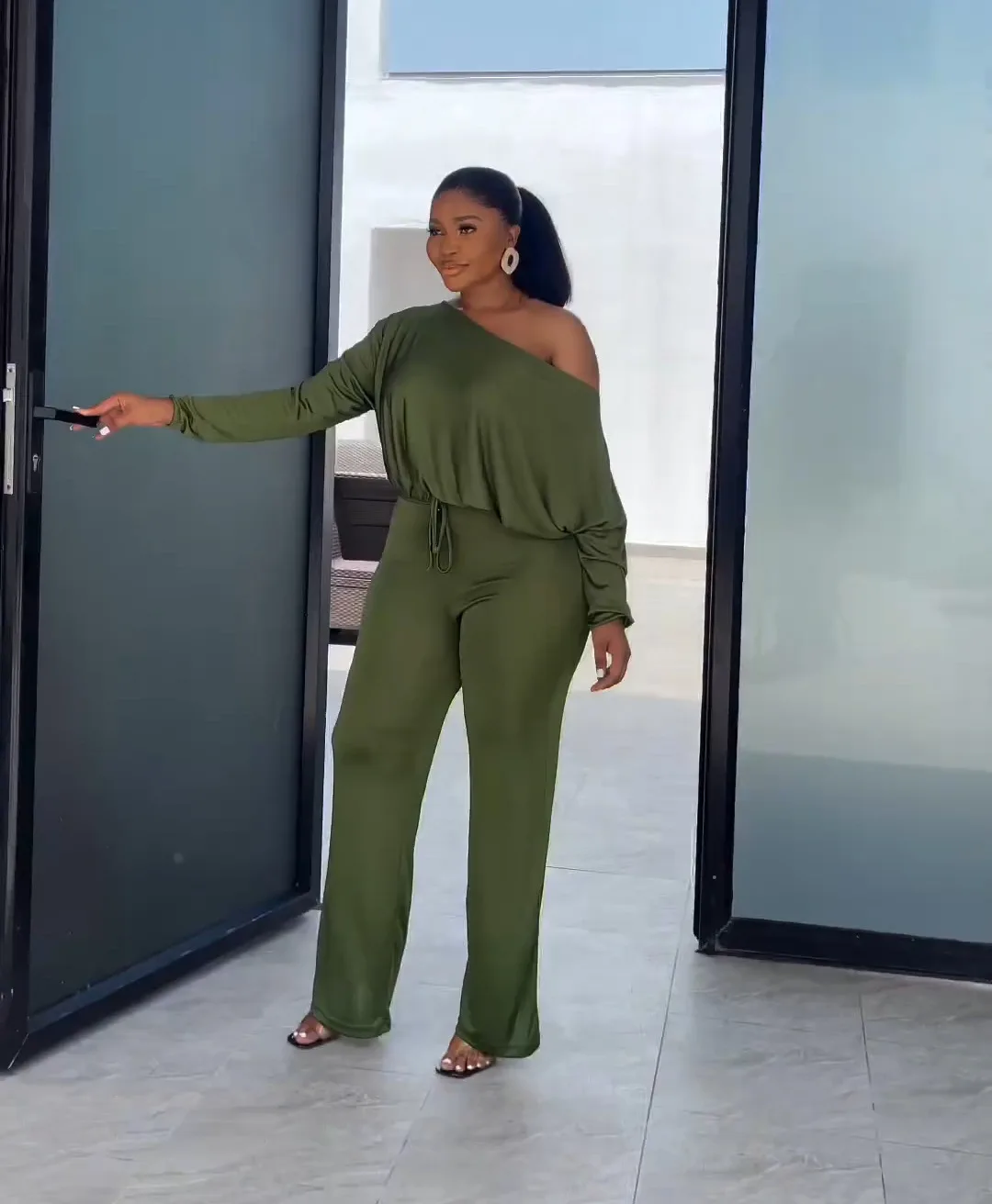 Spring Fashion Two Piece Women Casual Off Shoulder Pullover Tshirt Drawstring Wide Leg Pants Two Piece Set Women