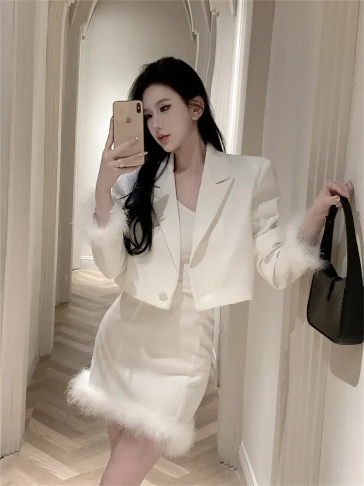 

New Fall Fashion Black White 2 Piece Suits Elegant Celebrity 2pc Long Sleeve Short Blazer&High Waist Feather Hem Mini Skirt Sets