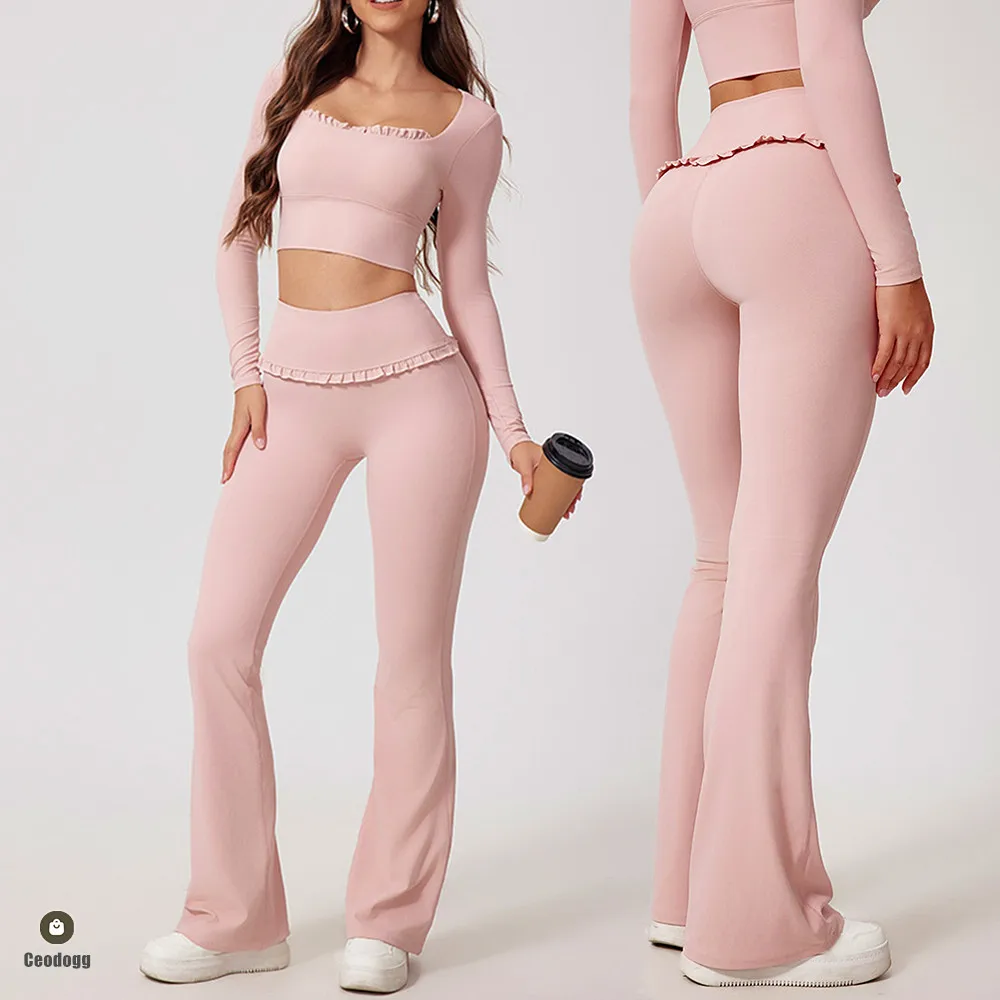 Yoga Set 2PCS Pad Women Long Sleeve Sports Crop Top High Waist Legging