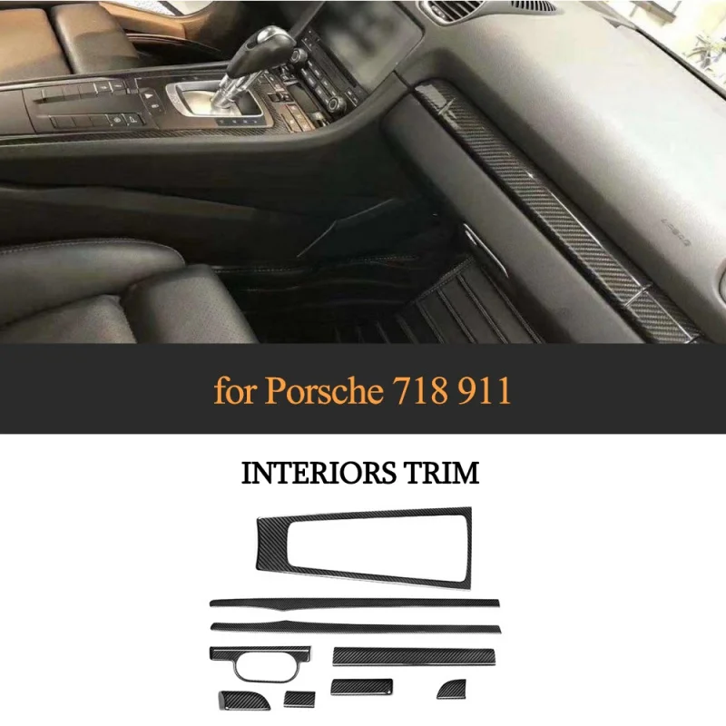 

For Porsche Cayenne 718 911 2016-2018 9pcs Car Central Console Gear Shift Frame Interior Door Panel Trim Real Carbon Fiber