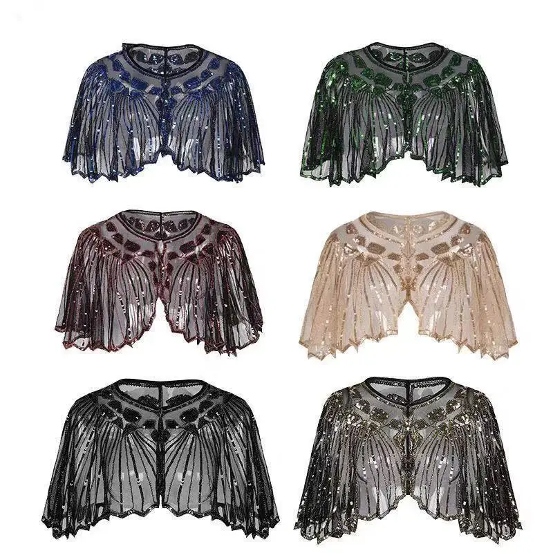 Women Sequins Cardigan Elegant Casual Sexy Mesh See Through Jacket Open Stitch Feminino Wedding Party Shawl Poncho kawaii fingerless elastic mesh glove with bow women lolita jk lace flocked diy shawl sunscreen sleeve clothes party accessories