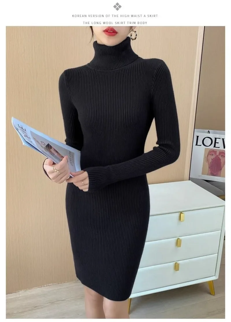 Herbst Neue Koreanische Rollkragen Gestrickte Kleid Reine Farbe Bodycon Pullover Kleid Büro Dame Pullover Lässig Elegante Strickwaren Jumper – Detail 15