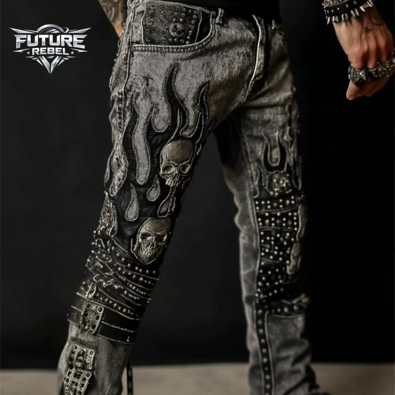 Y2K Gothic Streetwear Denim Jeans Unisex Skull Flame 3D Print Fit Washed Biker Pants Punk Hip Hop Club Outfit Vintage Harajuku 5