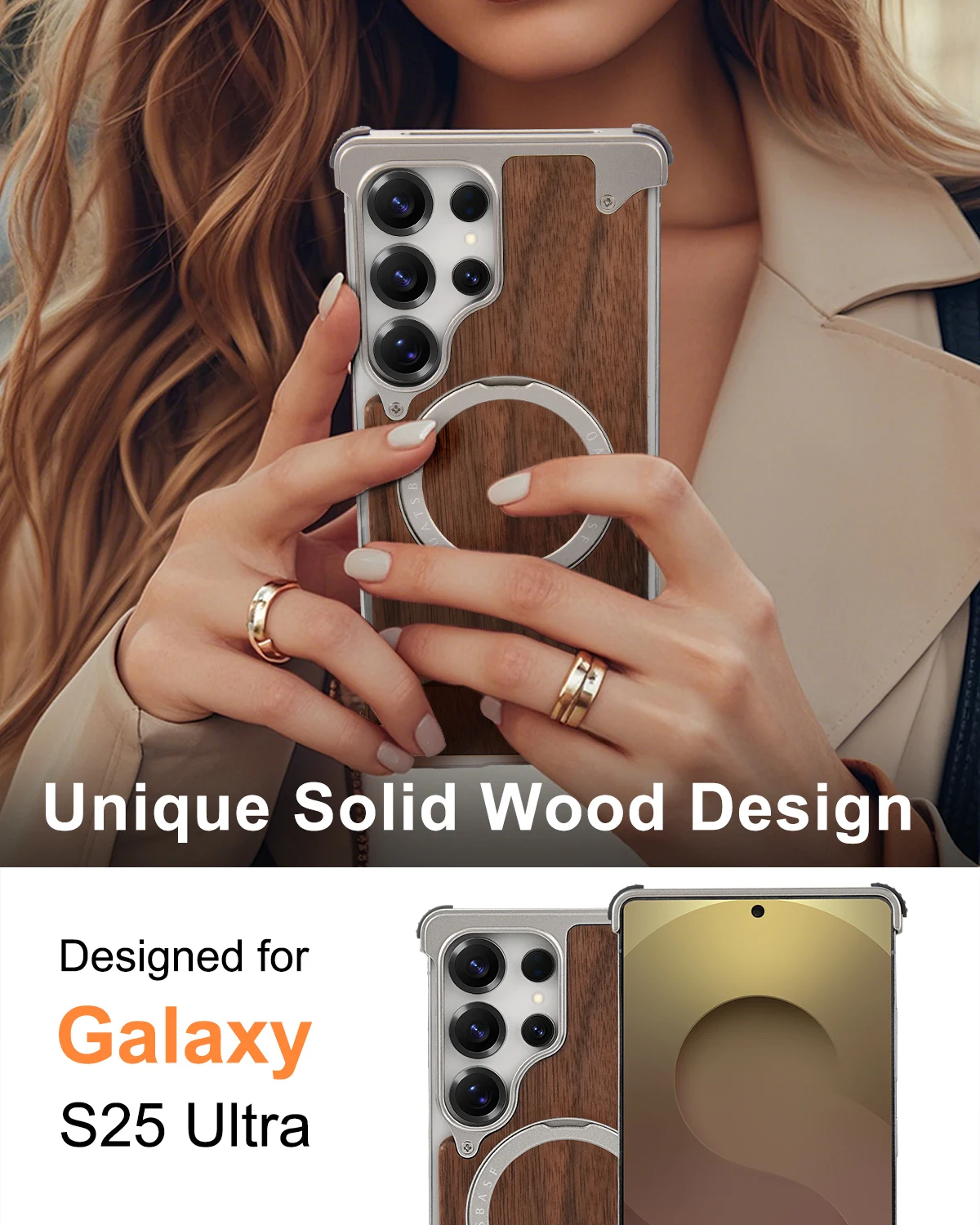 Eary for Samsung Galaxy S25 S24 Ultra Wooden Case With 360 Rotate Magnetic Stand Magsafe Frameless Shockproof Cover Phone Shells
