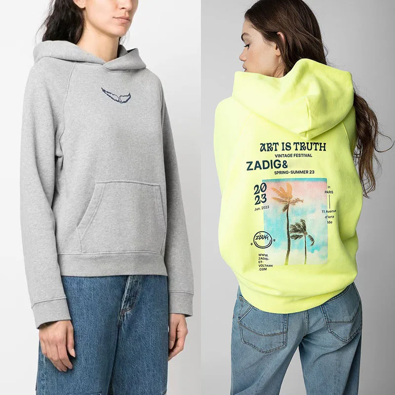 

Zadig Women Hoodies Fluorescent Yellow Hooded Sweatshirts New Cotton Grey Tops Small Winged Coconut Tree Pullovers Female 2024