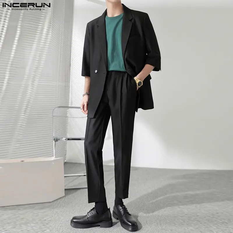 INCERUN 2023 Korean Style New Men's Short Sleeve Suits Long Pants Sets Fashion Simple Male Solid All-match Two Piece Sets S-5XL