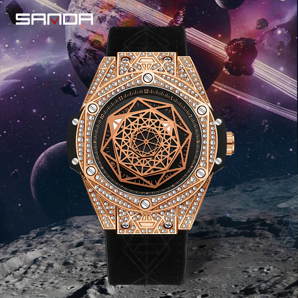 Sanda Fashion New 7033 Men's Diamond Inlaid Geometric Dial Glow Waterproof Men's Creative Quartz Wristwatch 2023