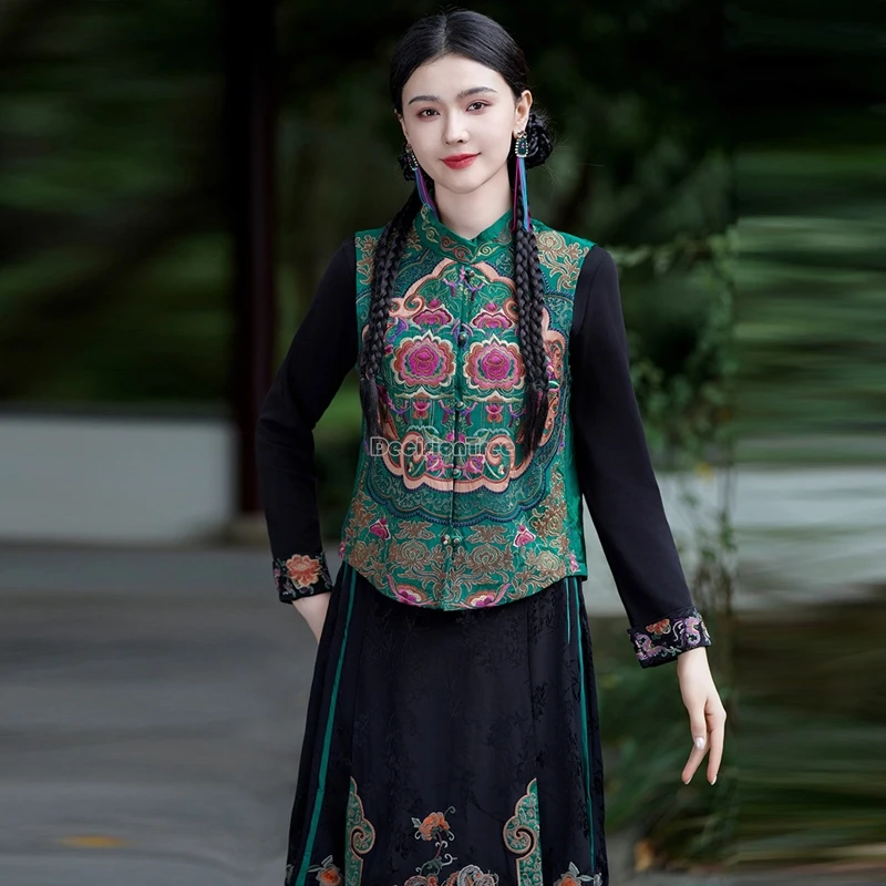 new chinese national style embroidery flower vest retro sleeveless stand collar coat clip women casual tang suit top t001