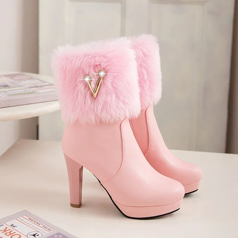 2025 Winter Faux Fur Design High Heel Boots Sweet Bowtie Spike