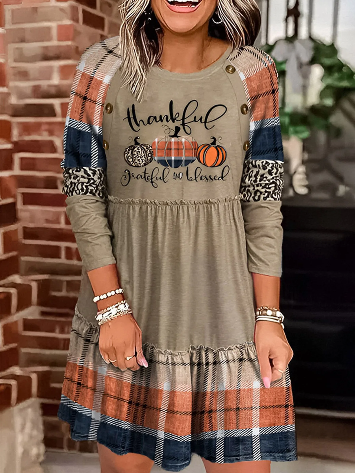 

Thanksgiving Thankful Grateful And Blessed Leopard Plaid Pumpkin Mini Dress 2023 Autumn Ladies New Fashion Retro Vacation Skirt