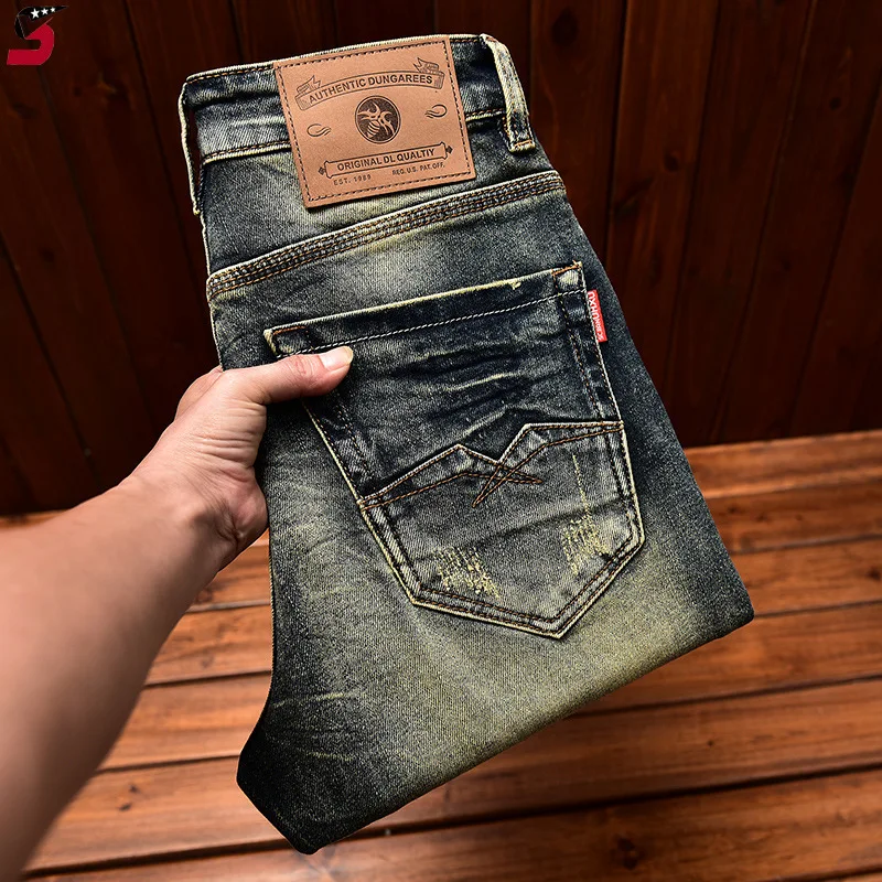 High-End Motorcycle Jeans Men's Autumn Washed-out Vintage Nostalgic Fall Slim Fit Straight Stretch Denim Long Pants 3