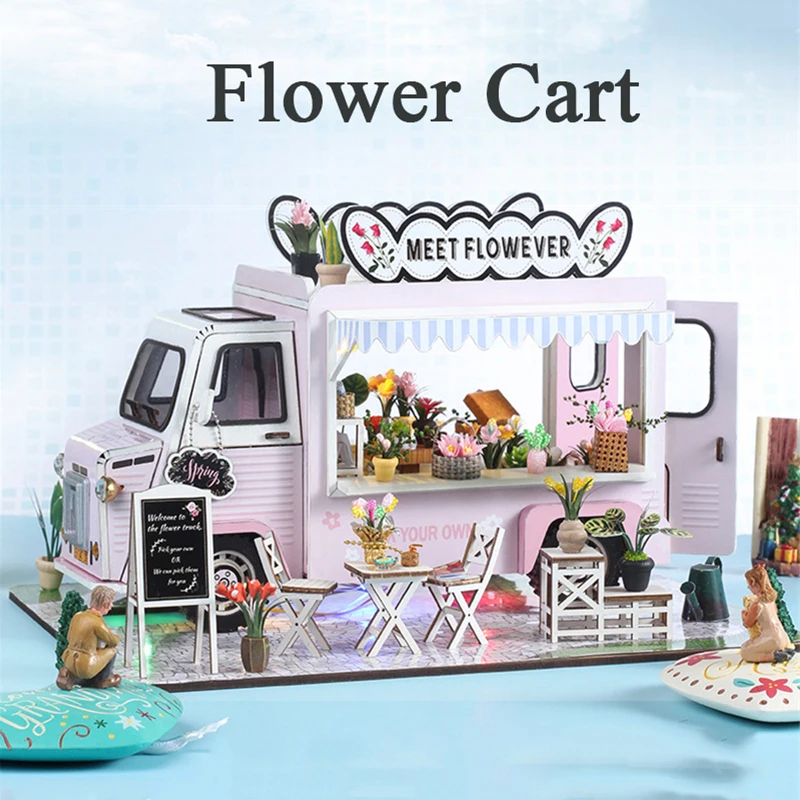 DIY Wooden Miniature Model Kit Flower Cart Casa Doll Houses 3D Puzzle Dollhouse With Furniture LED Lights for Friends Gifts 2