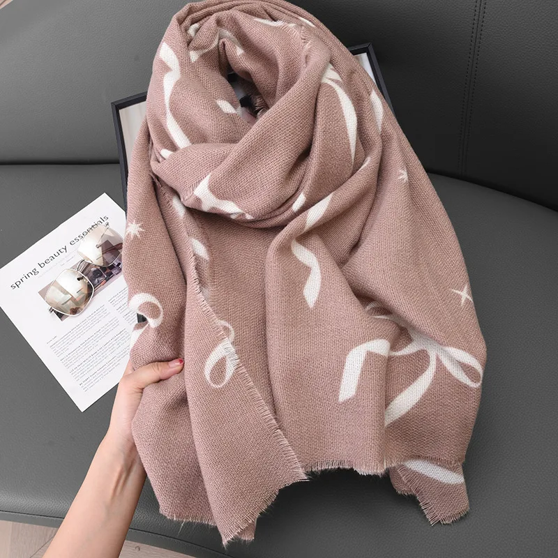 Korean Style Bow Imitation Cashmere Double-sided Scarf for Women Winter Large High-end Shawl Office Fashion Outerwear