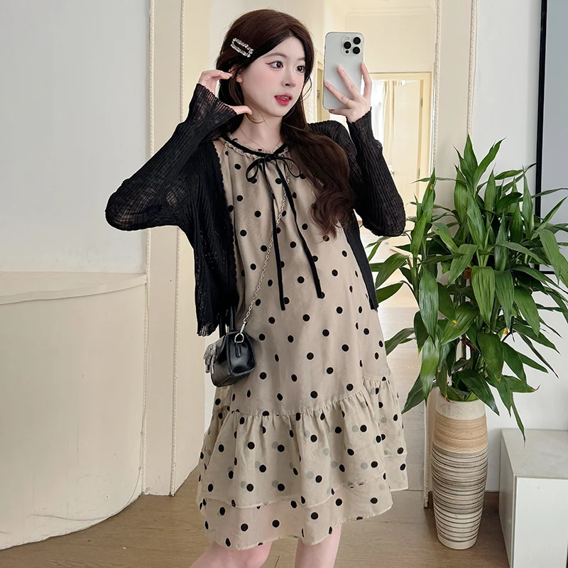 용수철 패션 출산 의류 세트, 긴팔 뜨게 카디건, 민소매 폴카 도트 볼 가운, 임신 트윈셋 원피스, 2025