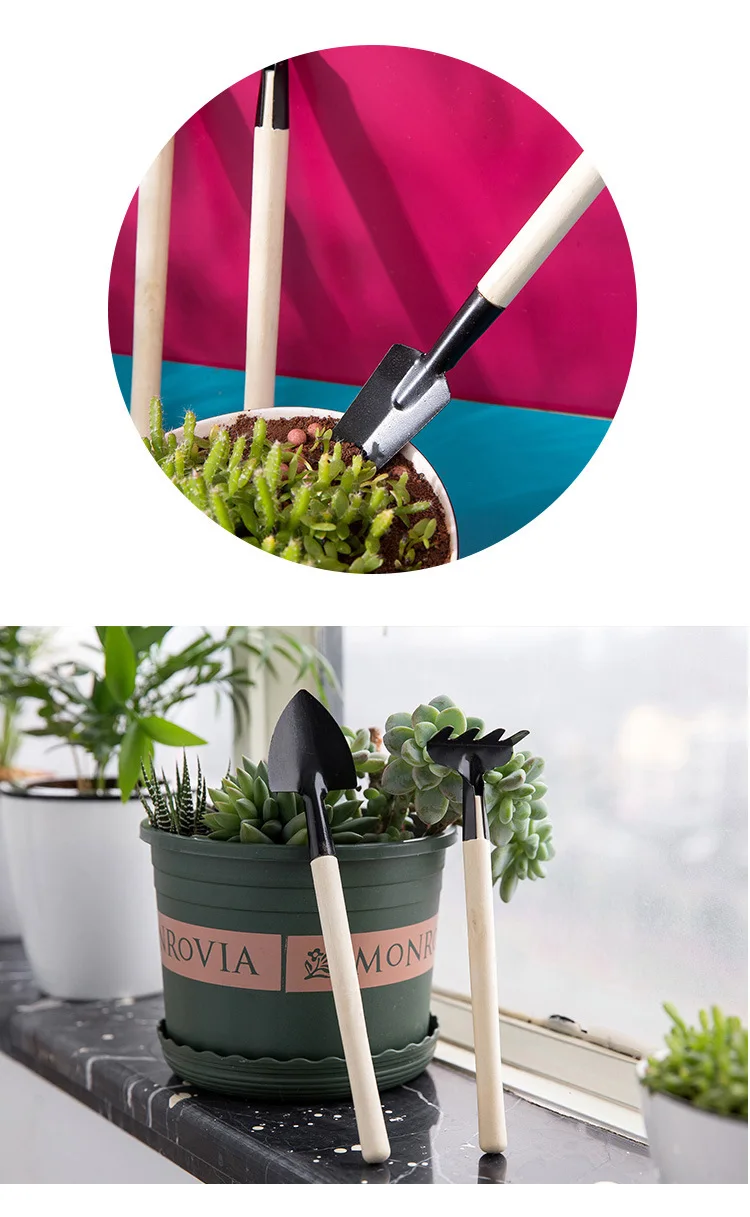 3 pcs/set Mini Portable Gardening Tool Metal Head Shovel Rake Spade Plant Garden Soil Raising Flowers Wooden Handle Tool Set plant baskets