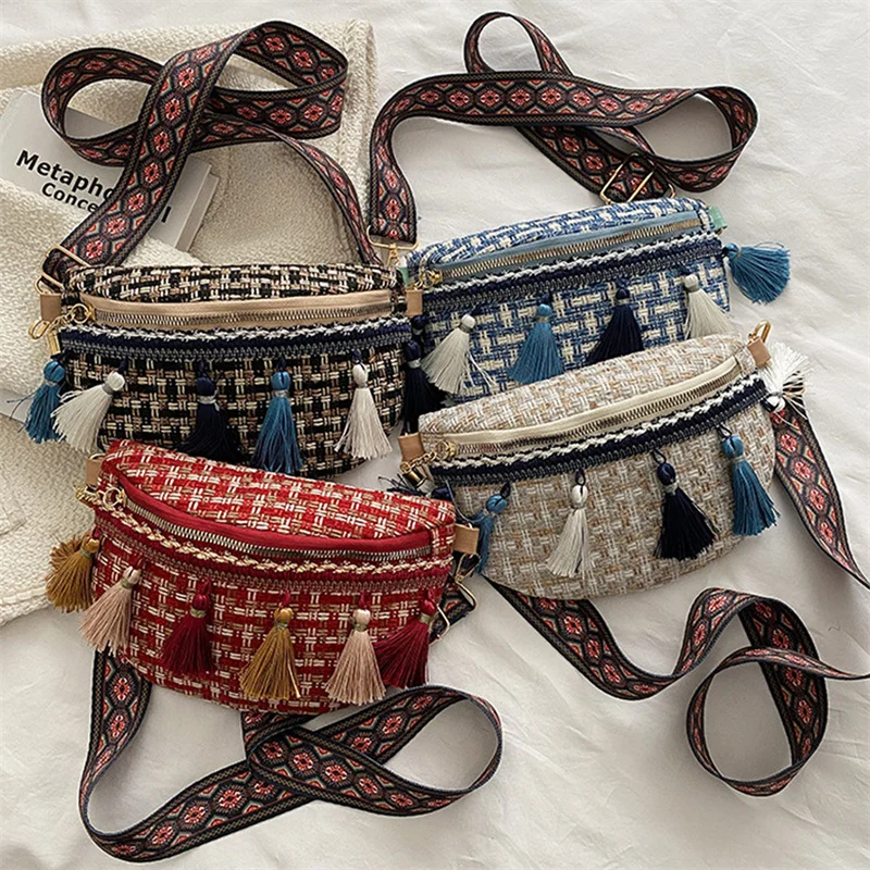 

Weave Crossbody Bags Female Tassel Waist Bag Retro Leather Shoulder Packs