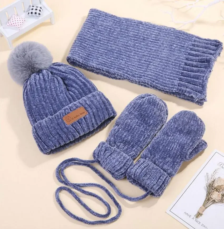 Baby Winter Beanie Hat Scarf and Gloves 3 Pcs Set Kids Boys Girls Knitted Pom Pom Cap Scarfs Children Infant Warm Suit Set