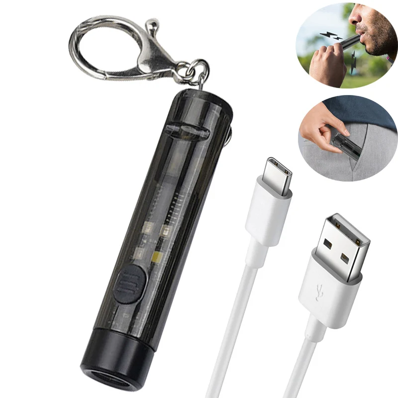 

BORUiT Mini LED Flashlight Keychain With Whistle Type-C Rechargeable Torch Portable Pocket UV Lantern Fishing Camping Tiki Lamp