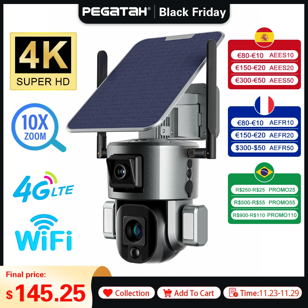 PEGATAH 8MP 4G Wifi Outdoor Solar IP Camera 4K Wireless Dual Lens Solar Panel Human Detect P2P Security Surveillance PTZ Cameras