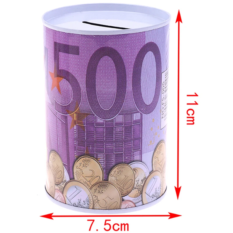 1PC Tinplate Cylinder Piggy Bank Euro Dollar Picture Box Household Saving Money Home Decoration Boxes Safe Cylinder Piggy Bank 4