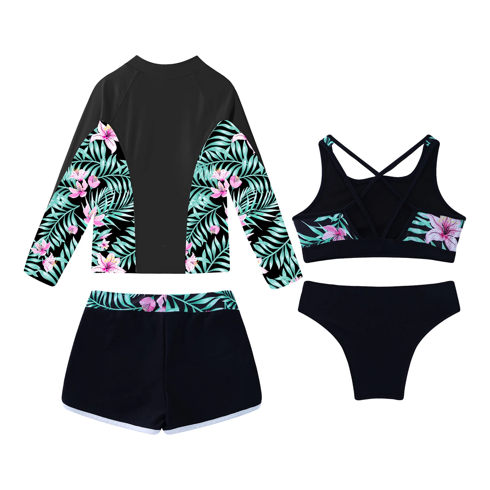 Kids Girls 4 Pcs Upf 50+ Swim Cover Up Sets Long Sleeve Zip Up Rashguard Shirts Tankini Bra Brief with Shorts Athletic Swimsuit 5