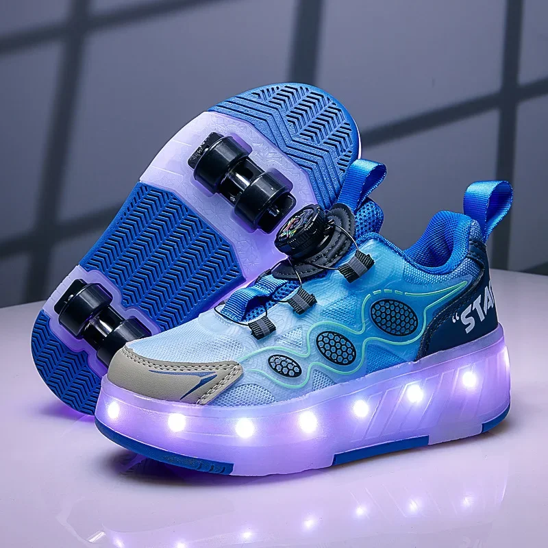Children Roller Skating Shoes Anti-collision Durable Walking Shoes LED Lights USB Charging Four-wheel Skate Shoes for Kids