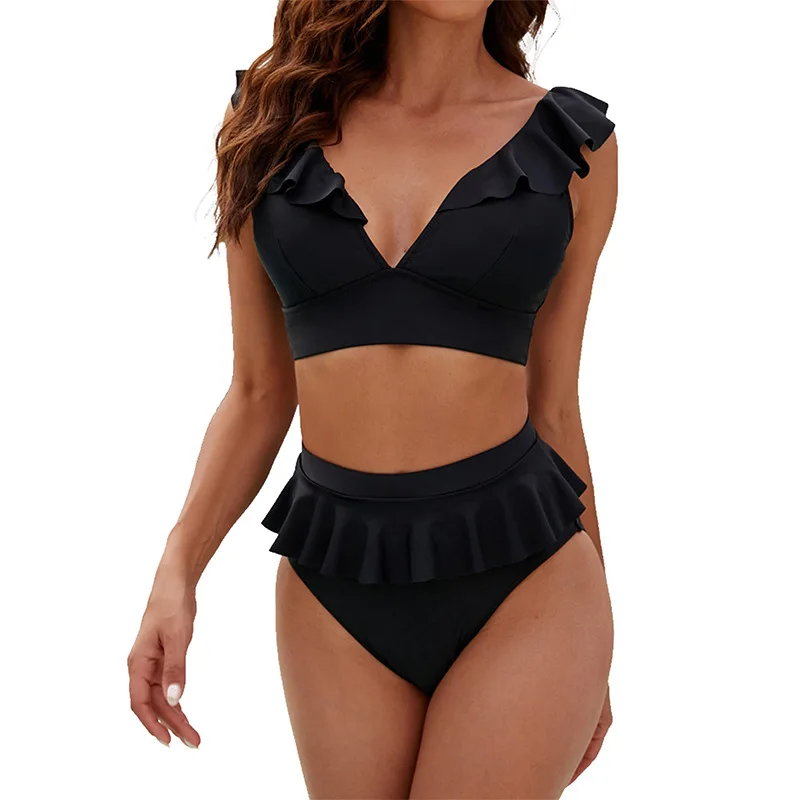 Pure Color Split Swimsuit Women's New Swimwear High Waist Ruffled Sexy Bikini Summer Beach Wear